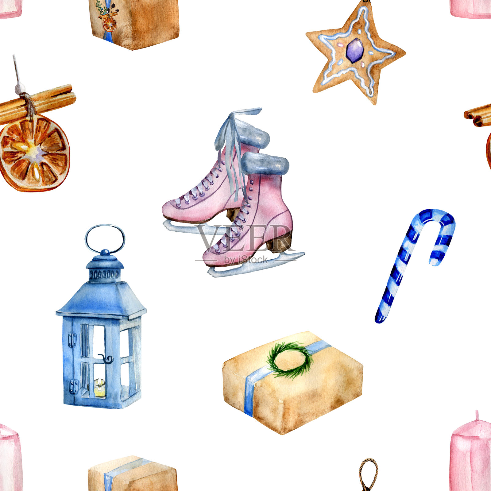 水彩手绘圣诞无缝模式包括烛台，溜冰鞋，圣诞树装饰-干橙子肉桂棒，圣诞糖果，姜饼，蜡烛上的白色。插画图片素材