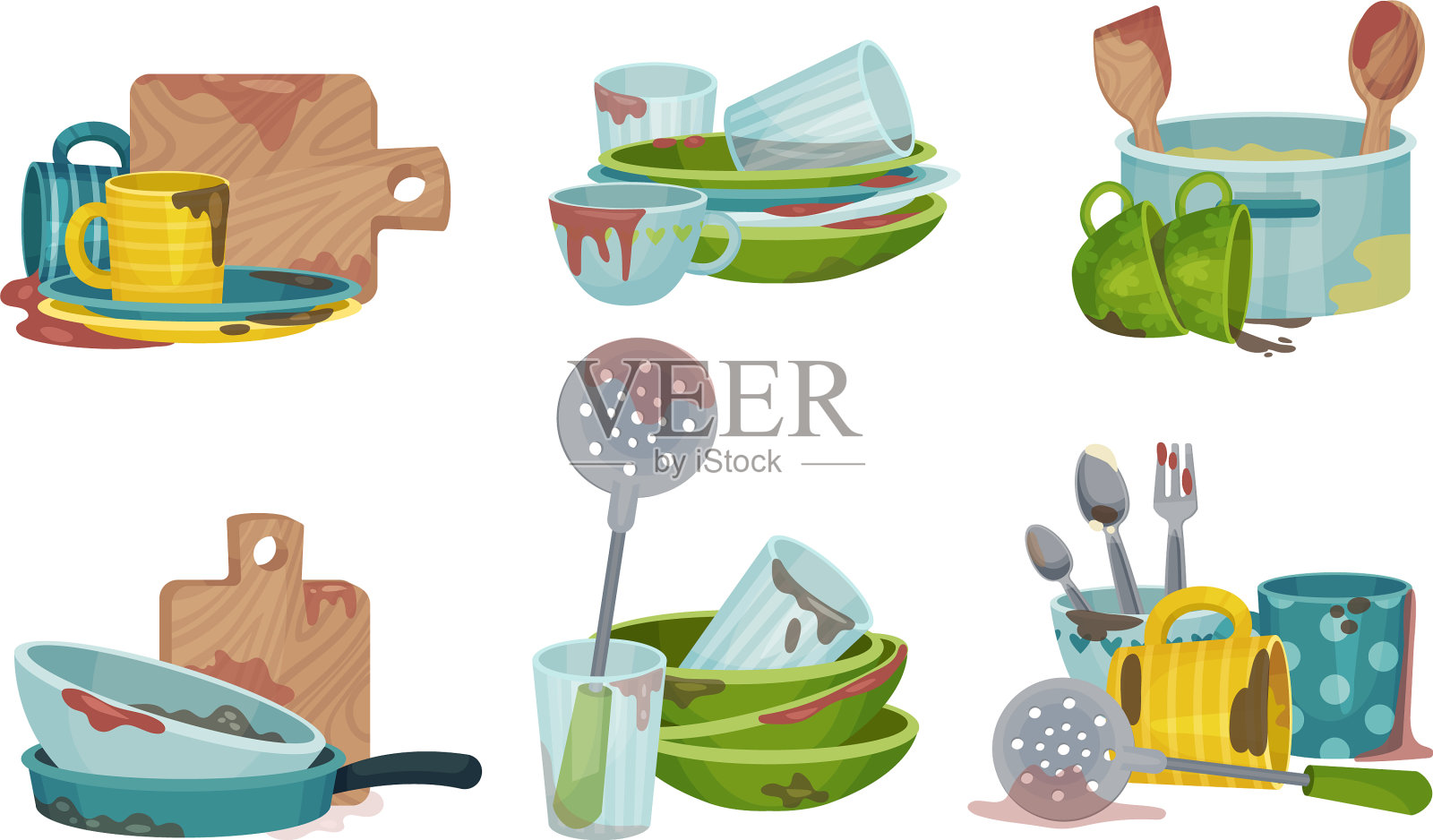堆叠肮脏的厨房用具和餐具插画图片素材