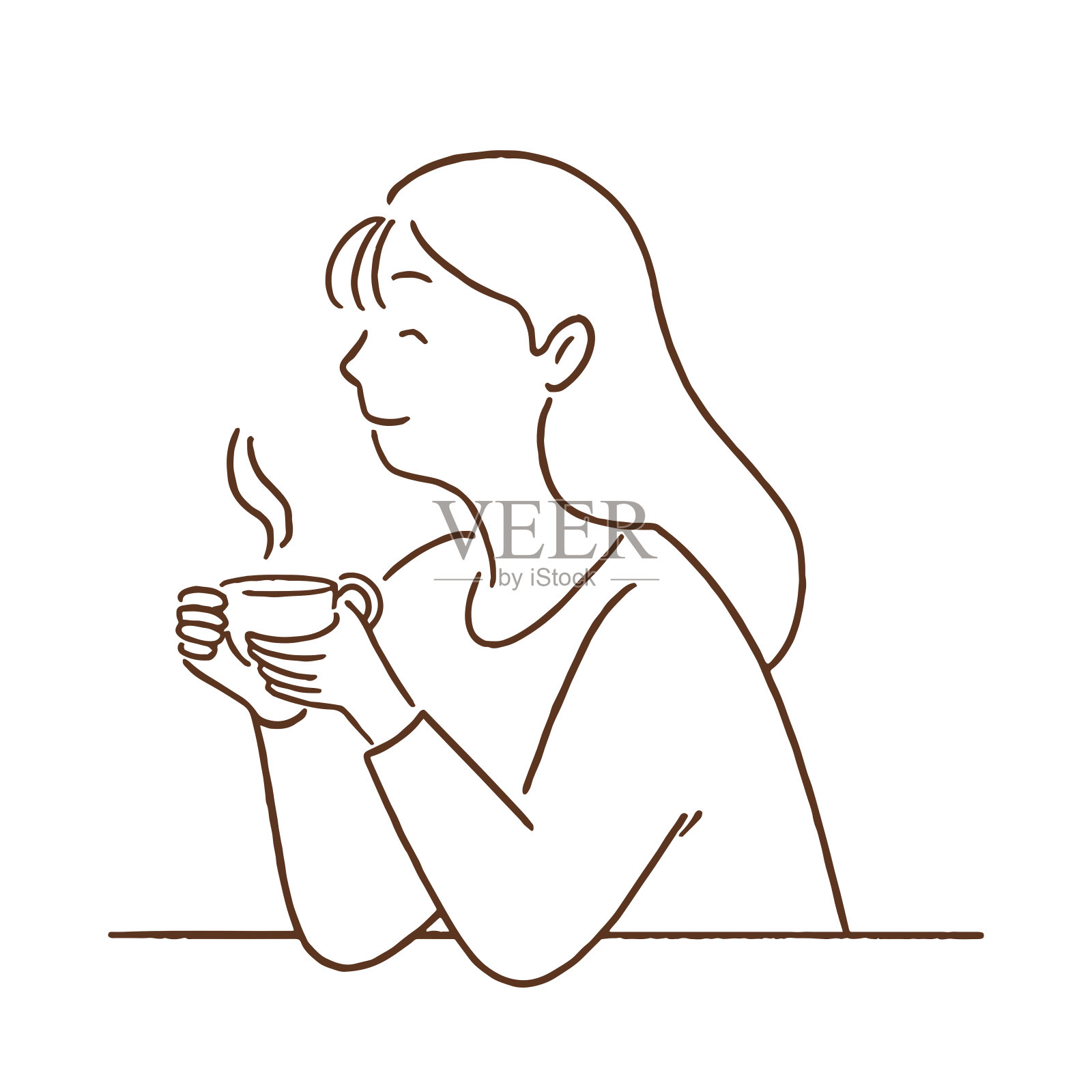 年轻女子用一杯热咖啡，手绘线条艺术风格矢量插图。插画图片素材