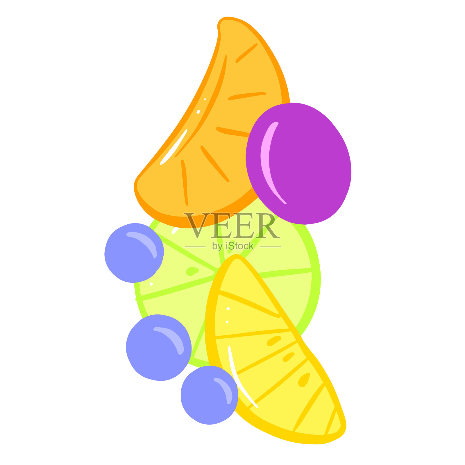水果飞溅桔子片，酸橙柠檬葡萄和蓝莓简单的插图设计元素图片