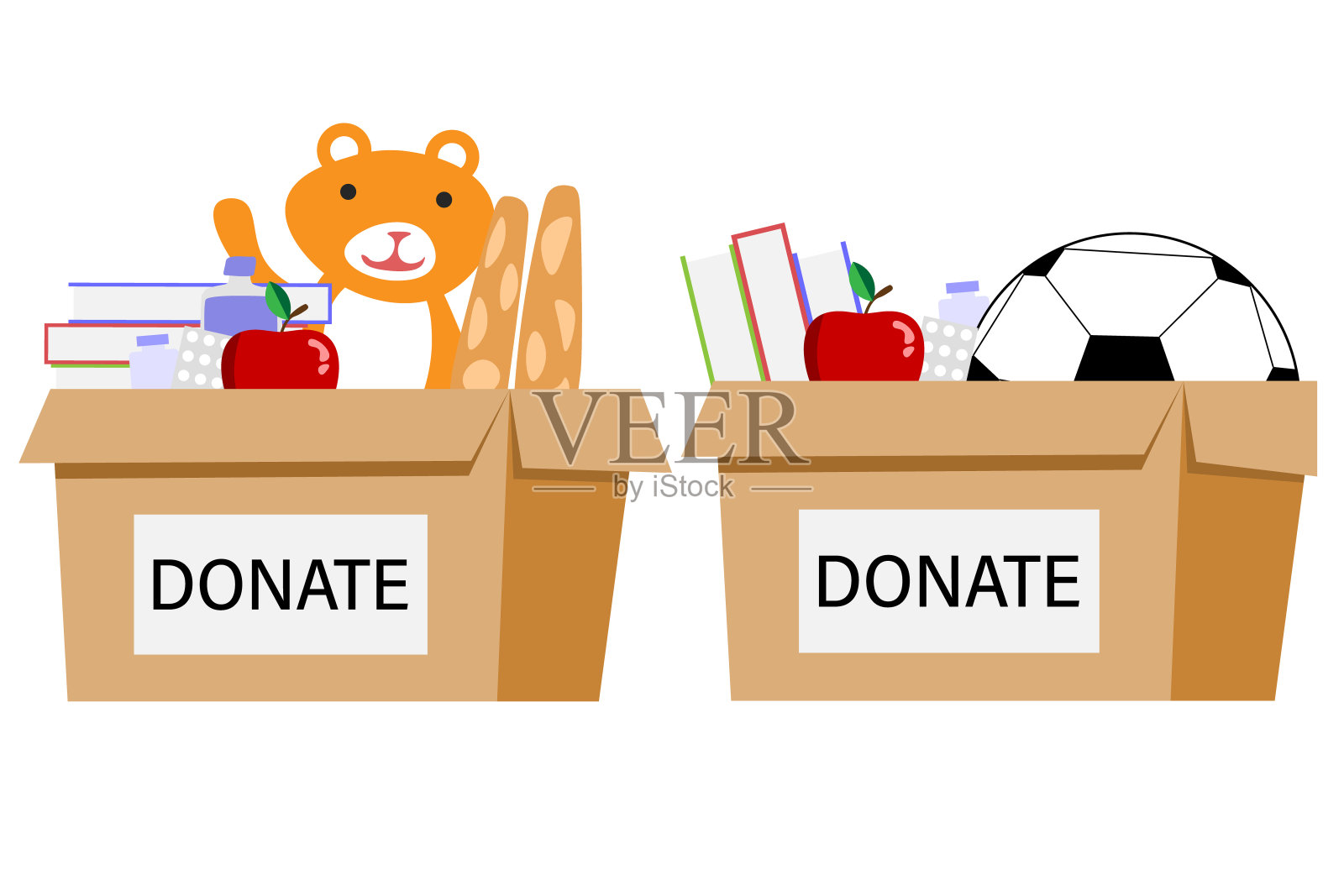 捐赠的食物，药品，书籍，球，熊。盒子与不同类型的捐赠隔离插画图片素材