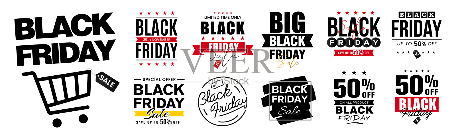抽象向量黑色星期五销售标签标签集孤立在白色背景上。最好使用横幅，网页，清仓销售，标题，传单，设计，促销，特别优惠等。设计元素图片
