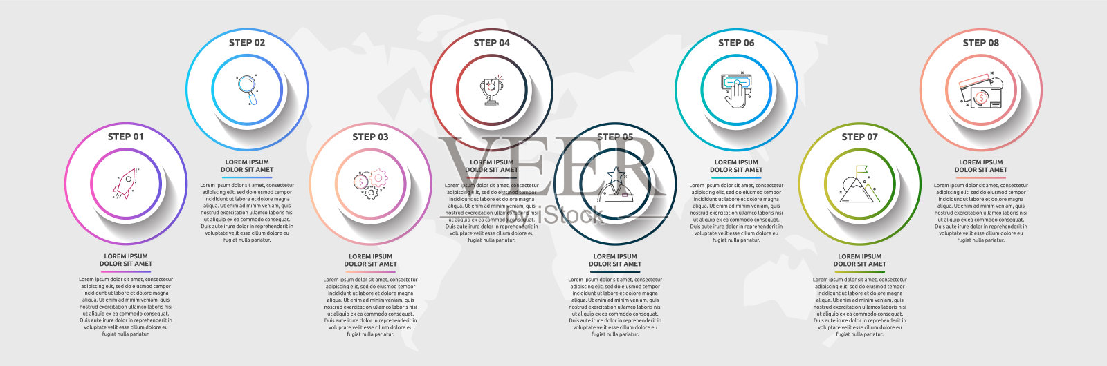 矢量图形模板圆为八个图标，图表，图表，表示。有8种选择的经营理念。内容，流程图，步骤，工作流程，营销，横幅，关卡，网页，图表插画图片素材