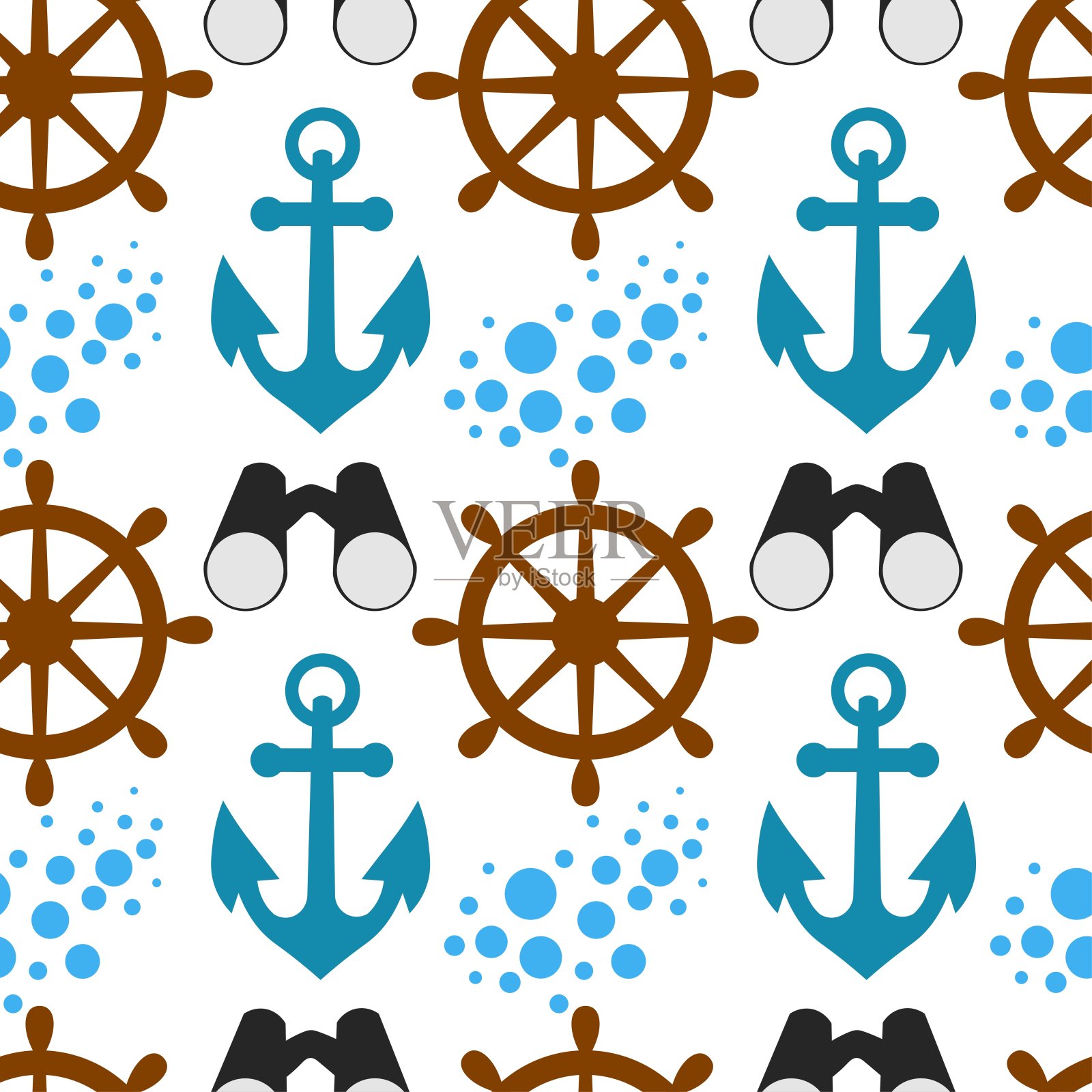 可爱的无缝模式与锚，方向盘，双筒望远镜，海溅在白色的背景。平直风格的海洋物品。 库存矢量插图装饰和设计，纺织品， 壁纸插画图片素材