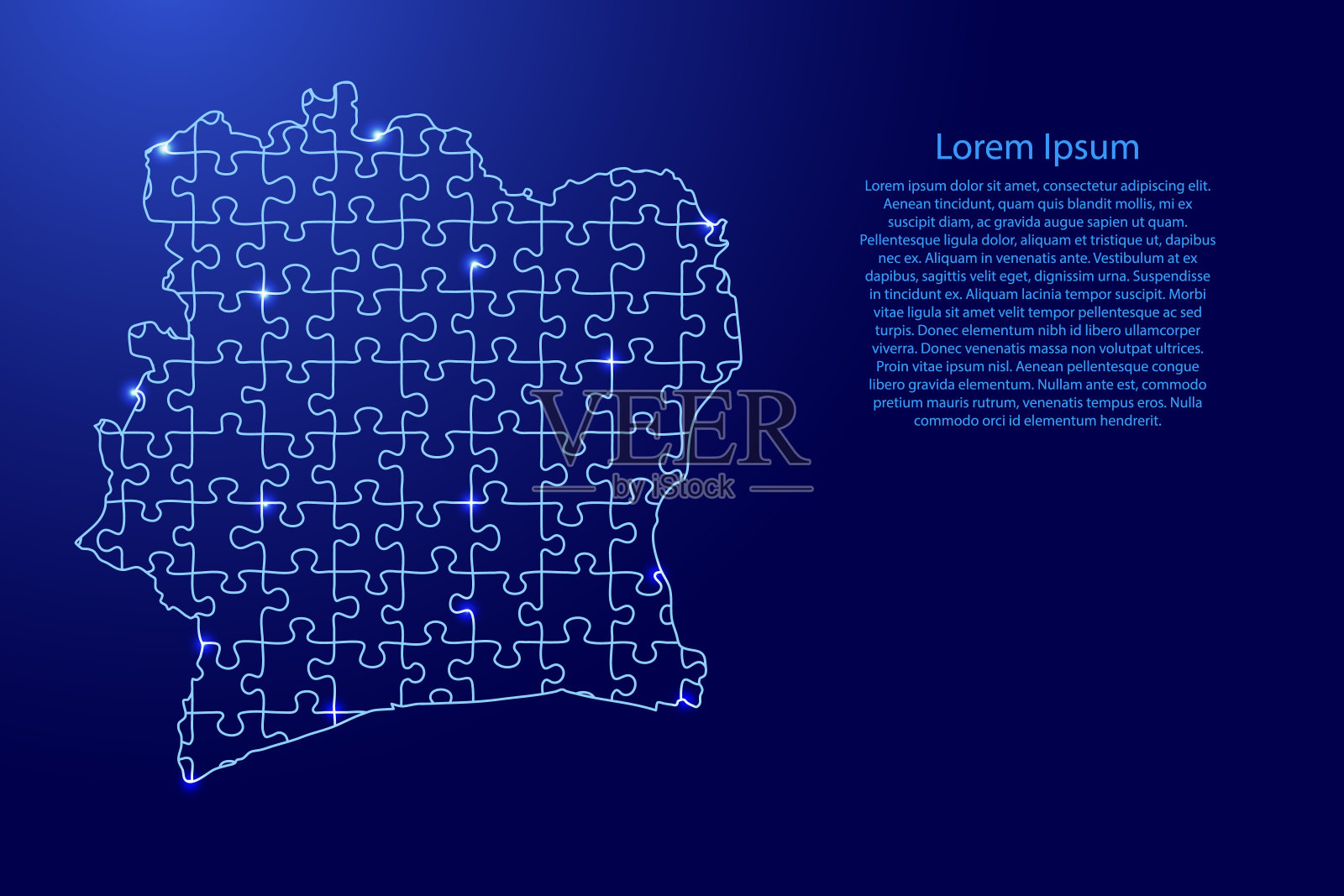 象牙海岸地图拼图蓝线和发光的太空恒星部分马赛克网格。矢量插图。插画图片素材