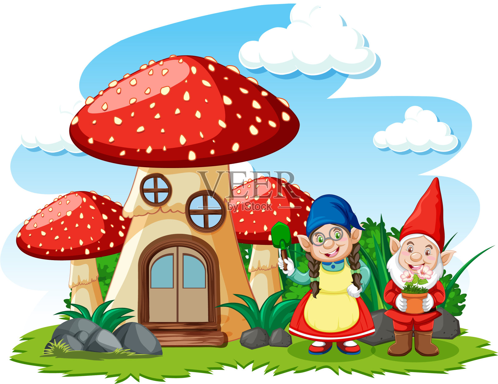 侏儒和蘑菇屋卡通风格的白色设计元素图片