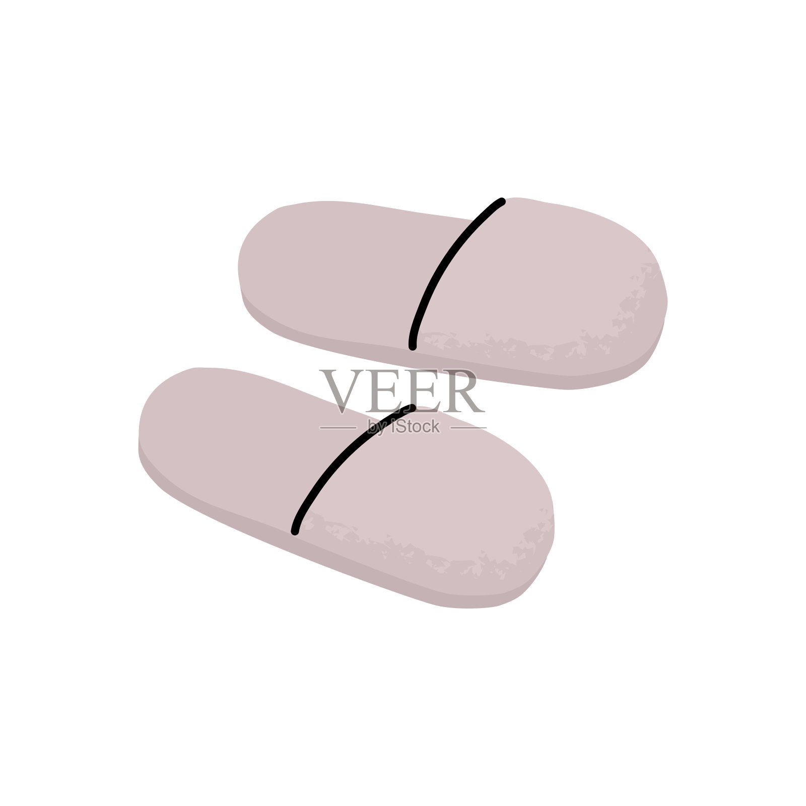 手工绘制柔软舒适滑在鞋上的家鞋类拖鞋。双拖鞋，纺织家装元素或服装鞋软面料。平面向量插图。插画图片素材