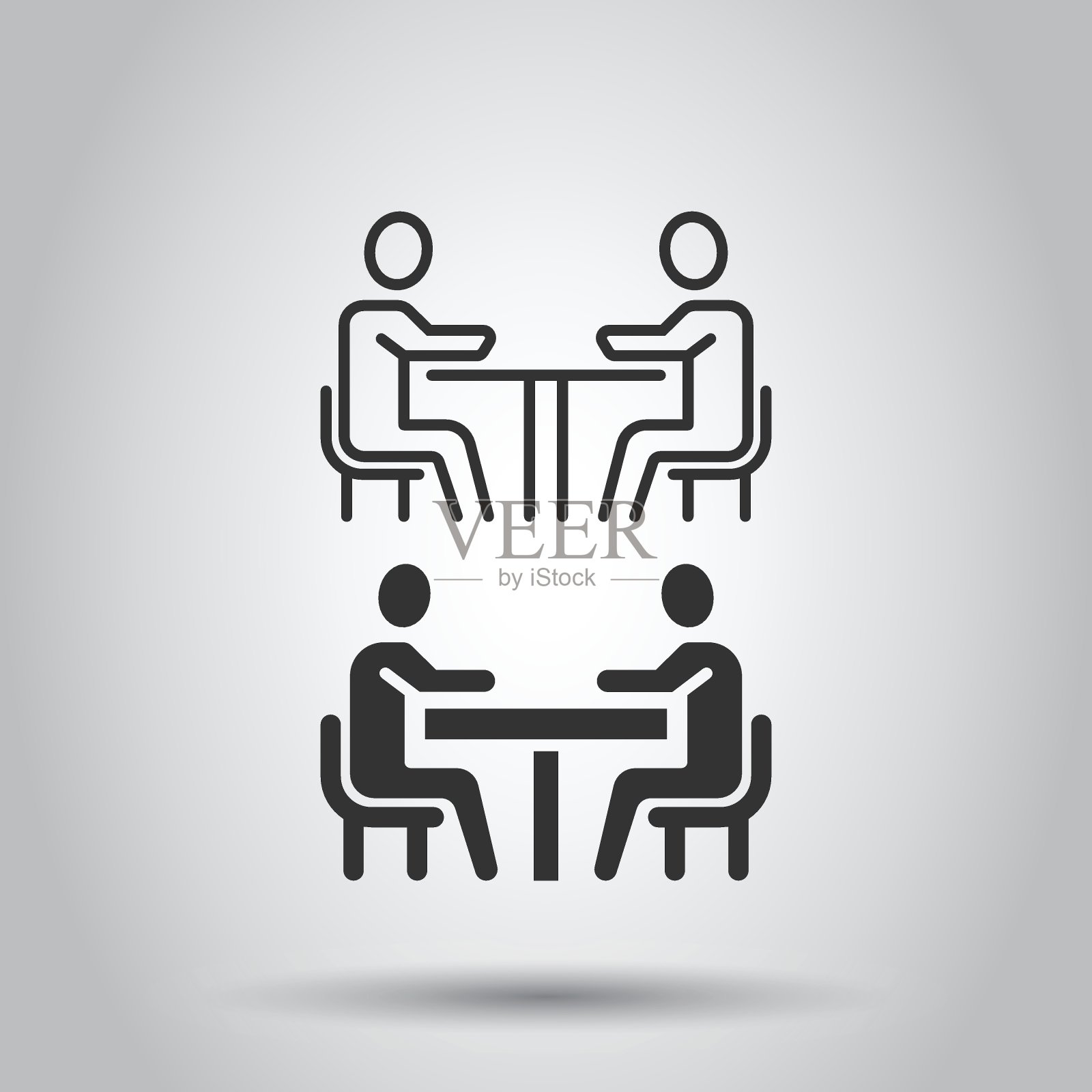 人们与表格图标在平面风格。团队会议矢量插图在白色孤立的背景。演讲者对话业务概念。插画图片素材