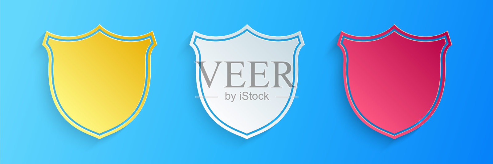 剪纸盾牌安全图标隔离在蓝色背景上。保护、安全、保障理念。防火墙访问隐私标志。纸艺术风格。向量插画图片素材