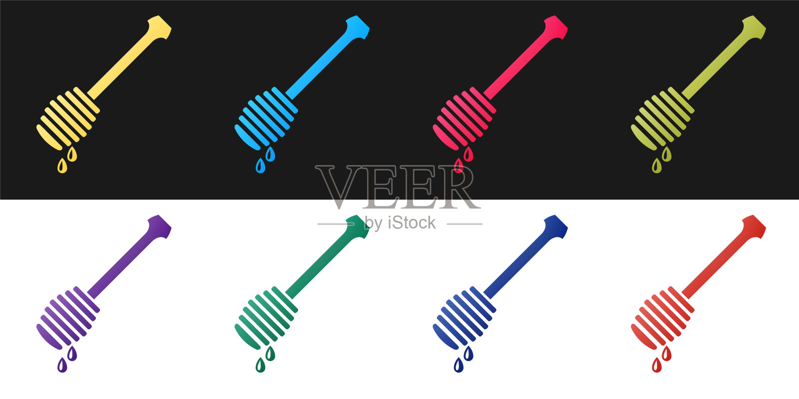 设置蜂蜜勺棒滴蜂蜜图标隔离在黑白背景上。蜂蜜包。向量插画图片素材