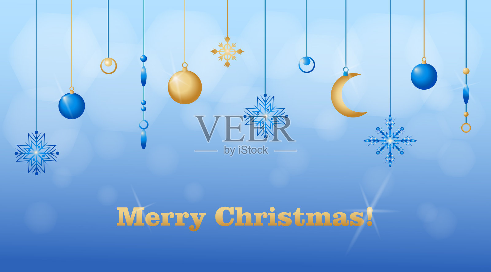 圣诞快乐的背景用闪亮的小装饰品和明亮的雪花，挂在丝带上。插画图片素材