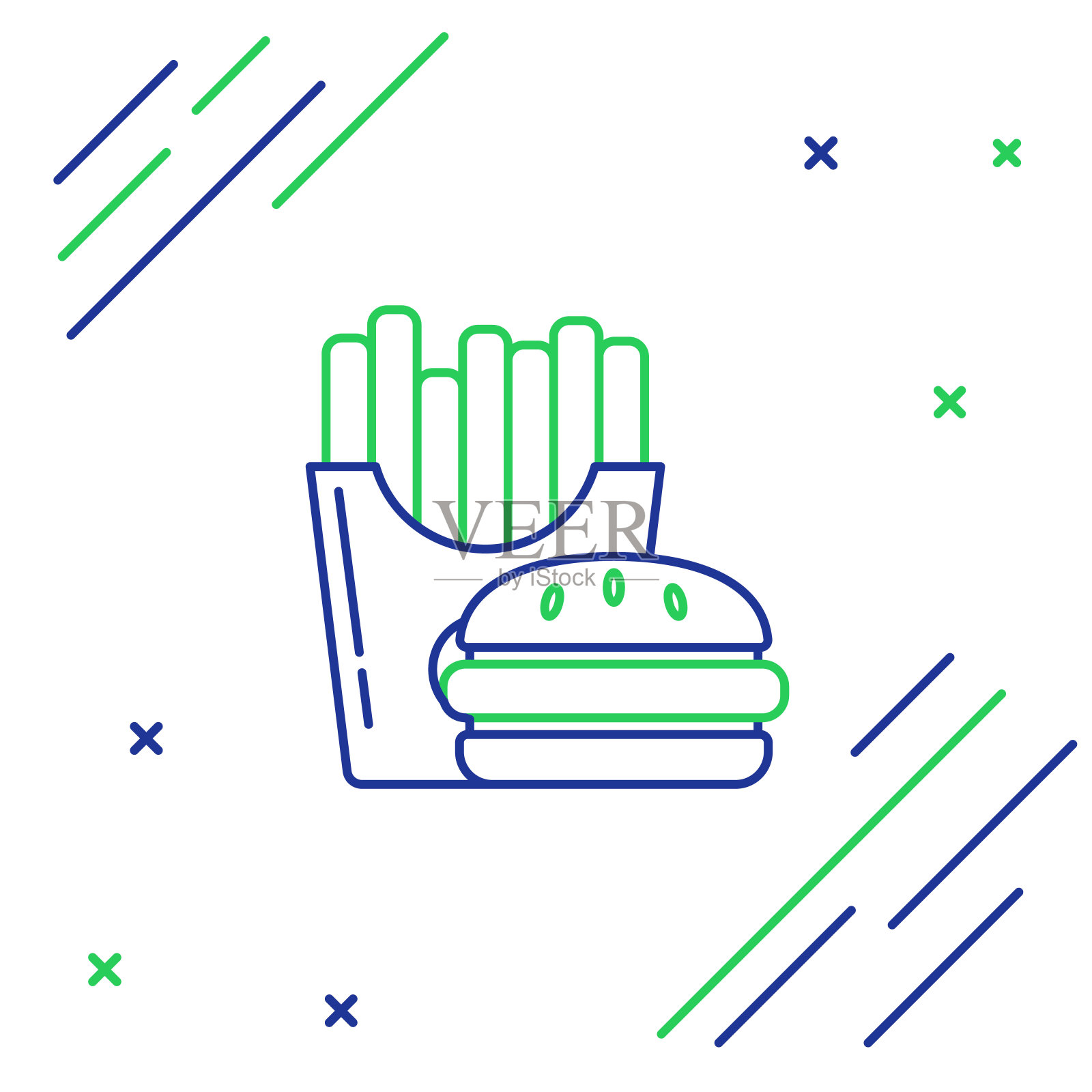 蓝绿线汉堡和炸薯条在纸盒包装盒图标孤立在白色背景。汉堡包,汉堡包三明治。快餐菜单。色彩斑斓的轮廓的概念。矢量图插画图片素材