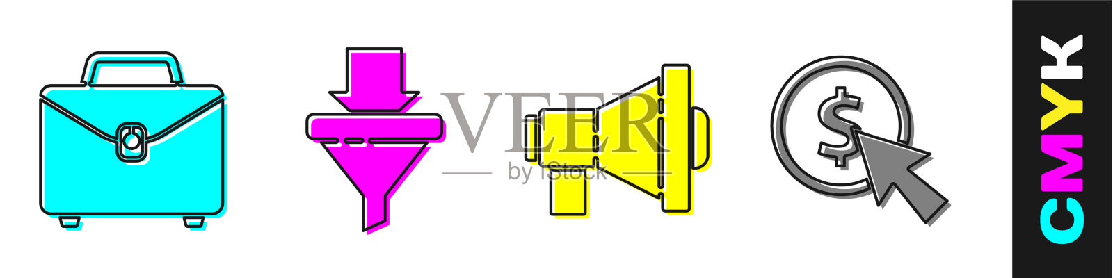 设置公文包销售漏斗与箭头扩音器图标素材