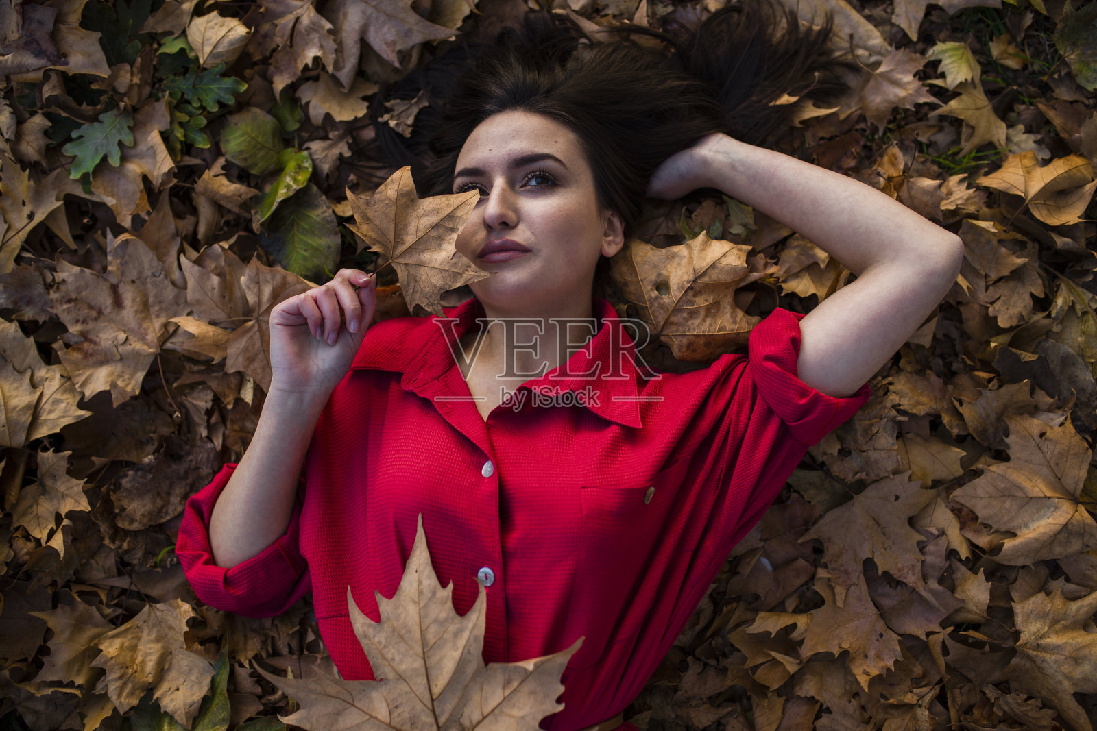 年轻女子躺在公园的秋叶中照片摄影图片