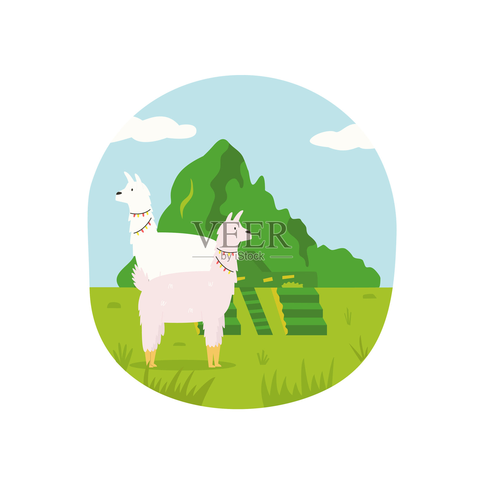 海报秘鲁可爱的美洲驼和马丘比丘设计元素图片