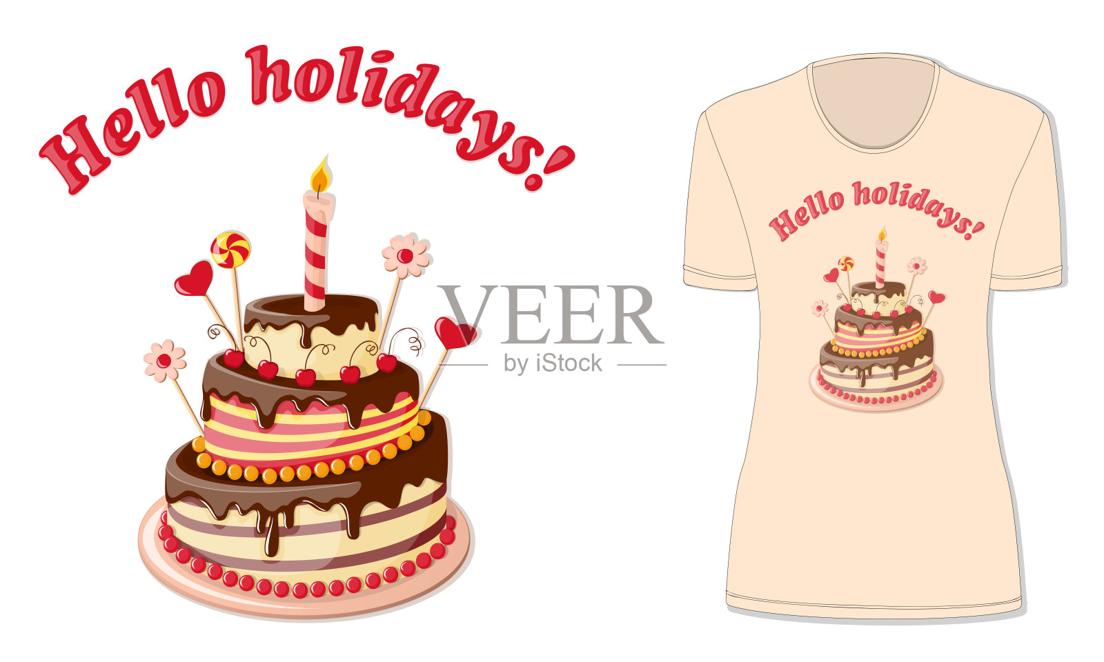 Hello假日与蛋糕和米色t恤模型插画图片素材