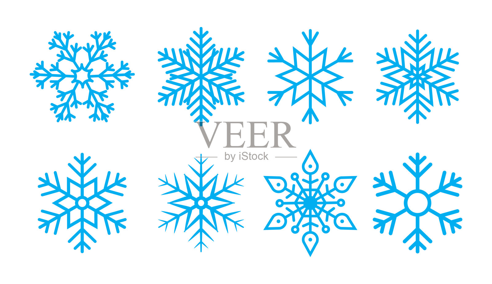 雪花的圣诞礼物。冬天的雪花。蓝色的图标。冰星星的图案。白色背景上的一组冷晶体符号。十二月份的抽象假日系列。下雪的天气。向量插画图片素材