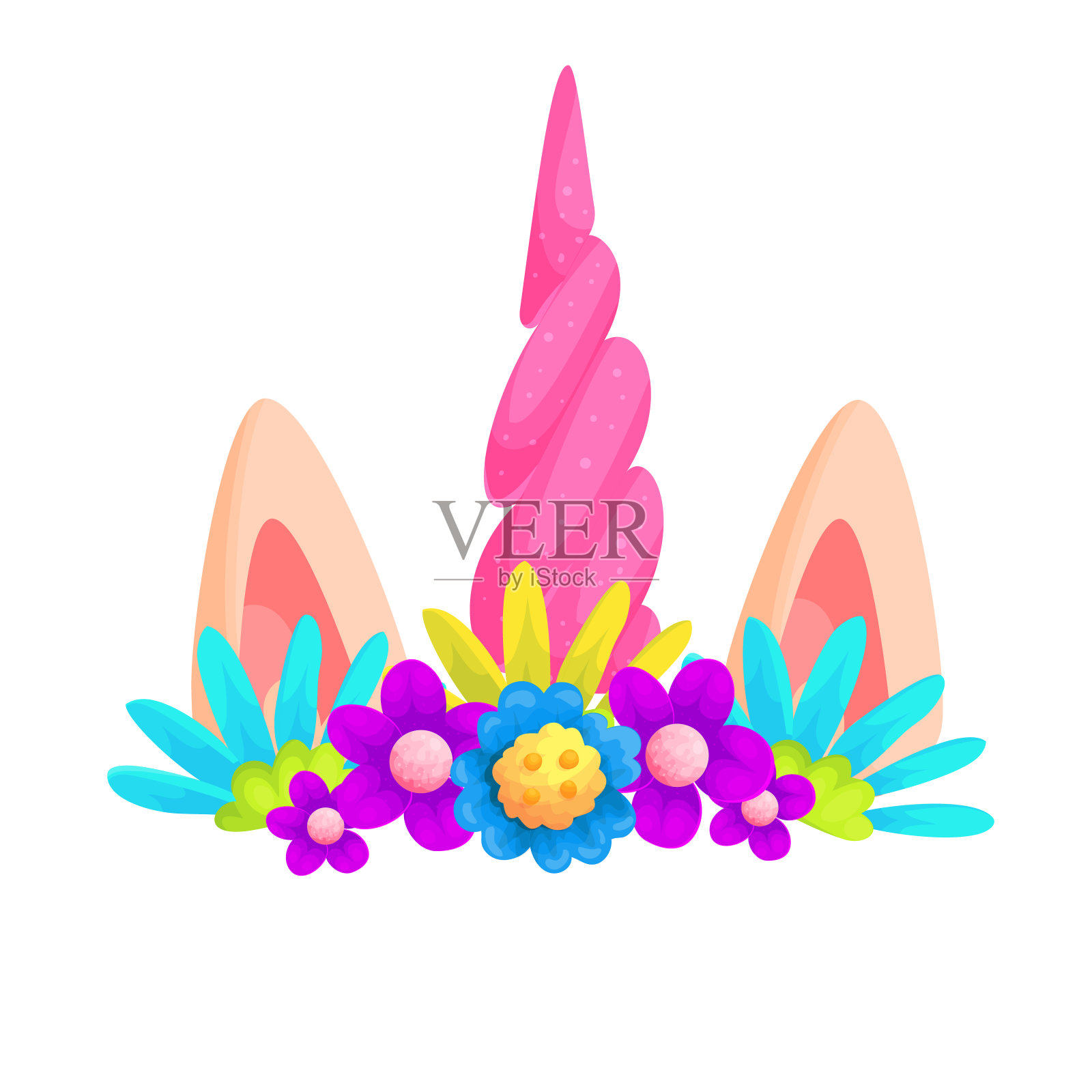 独角兽头带与田花花环卡通插图插画图片素材