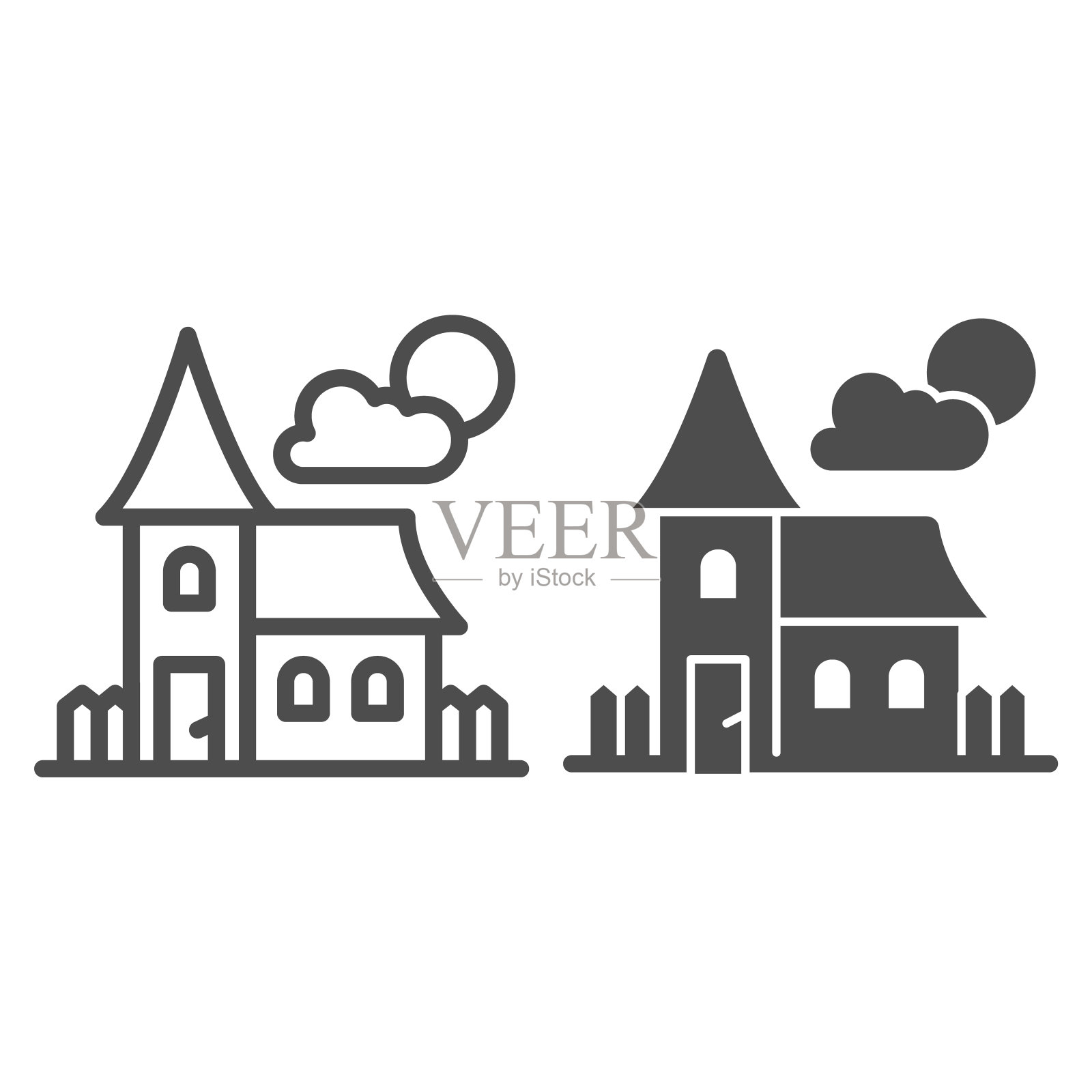 废弃的老房子线和固体图标，万圣节的概念，在满月的房子标志在白色的背景，恐怖的万圣节房子图标轮廓风格的移动概念和网页设计。矢量图形。图标素材