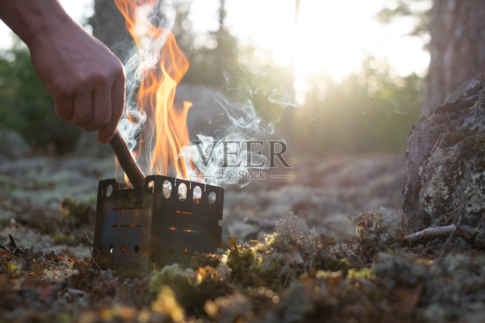 森林营地起火。特殊的小碎片旅游营火。照片摄影图片