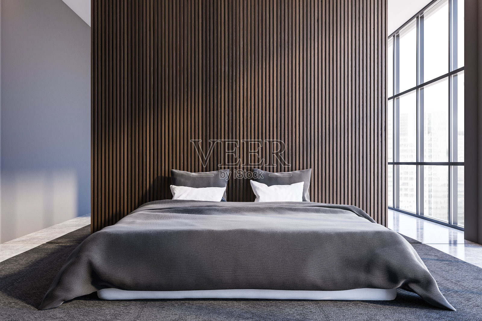 时尚的灰色和深色木制主卧照片摄影图片