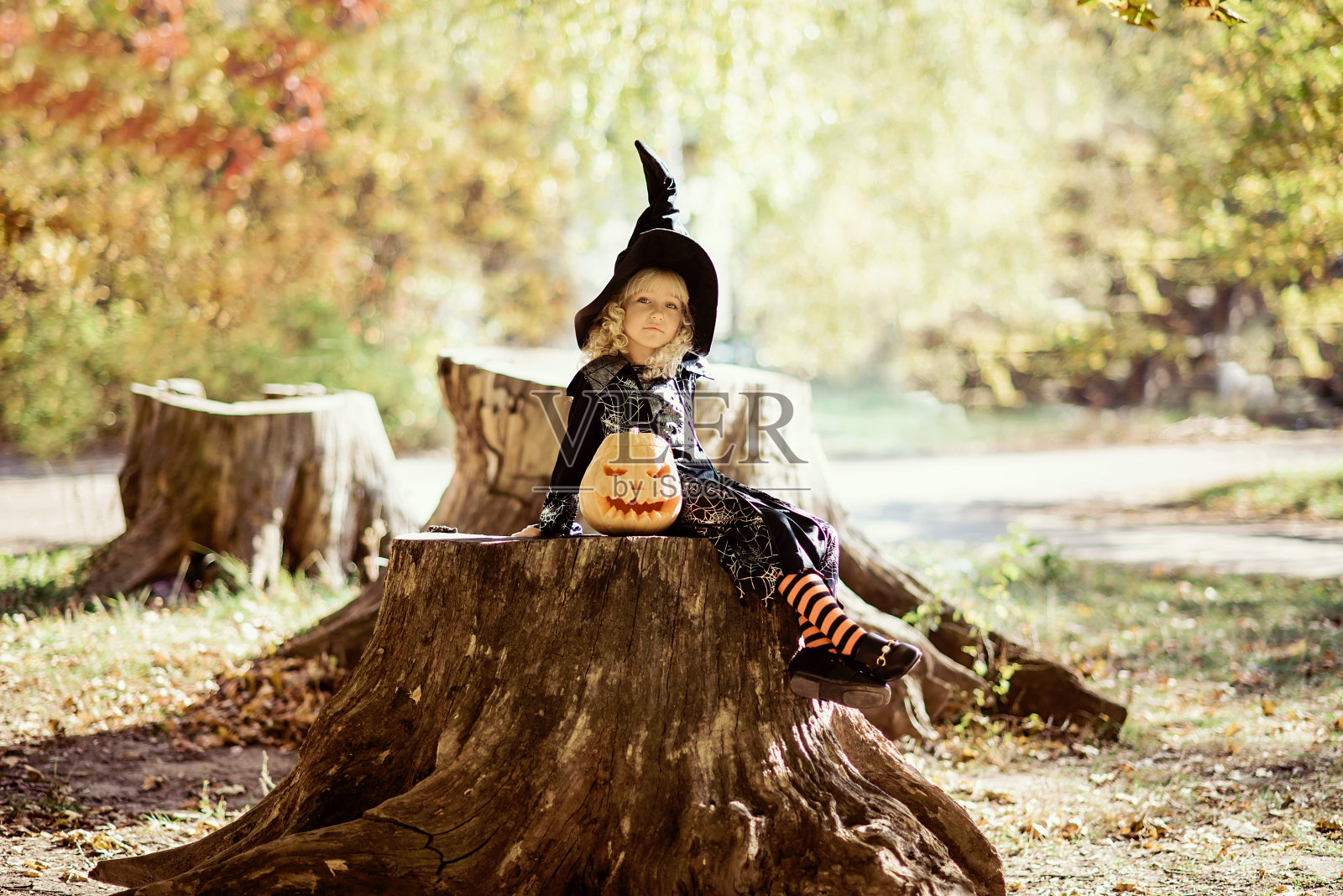 穿着女巫服装的小女孩在户外庆祝万圣节，玩得很开心。照片摄影图片