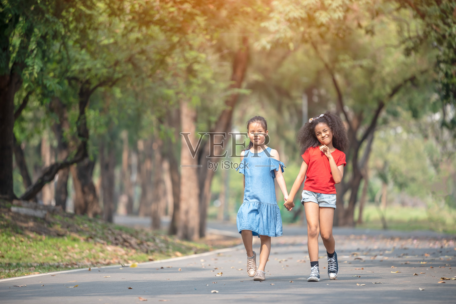 可爱的非洲裔美国和亚洲小女孩在户外玩。两个小女孩在公园里散步。照片摄影图片