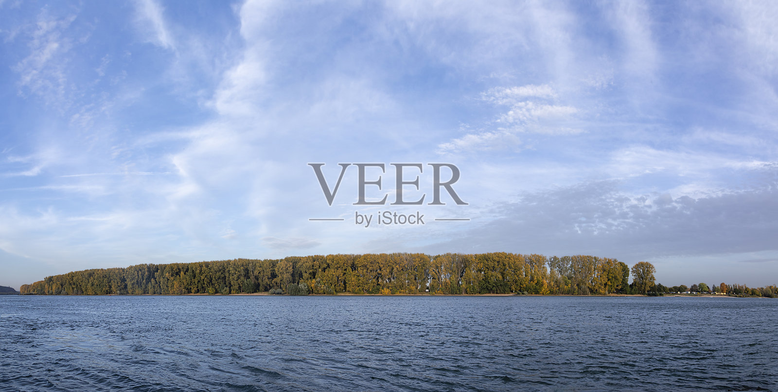 古老的莱茵河和日落时的涅尔斯坦岛上的树木照片摄影图片