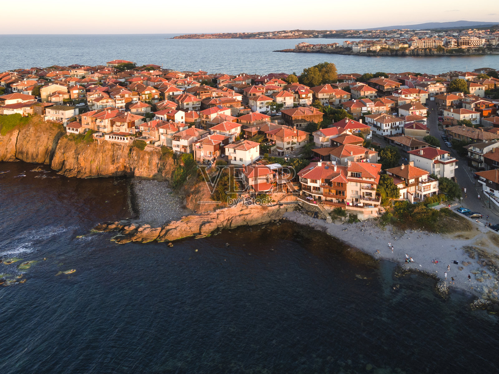 保加利亚索佐波尔老城的空中日落照片摄影图片