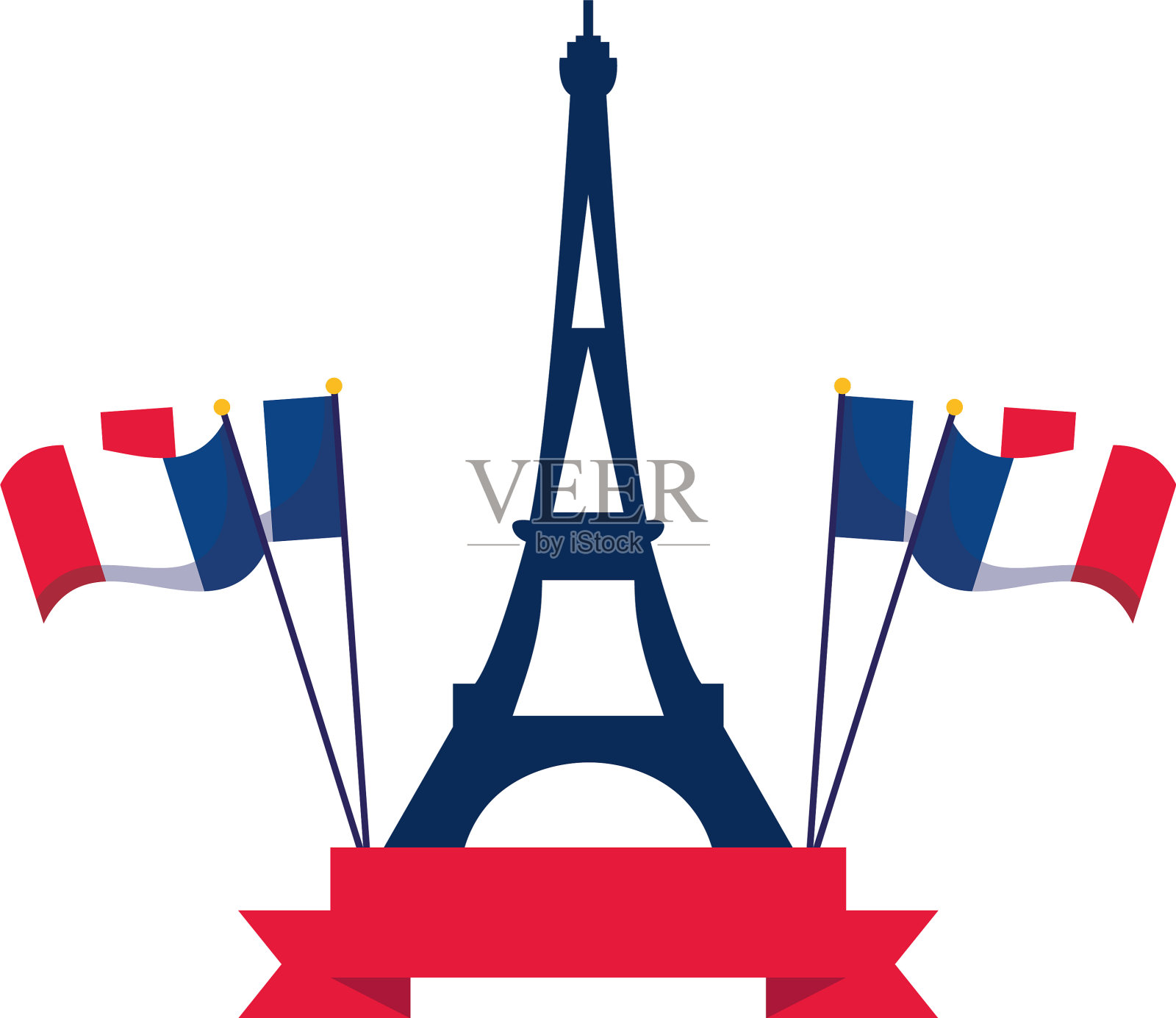 法国埃菲尔铁塔上的旗帜和彩带设计元素图片