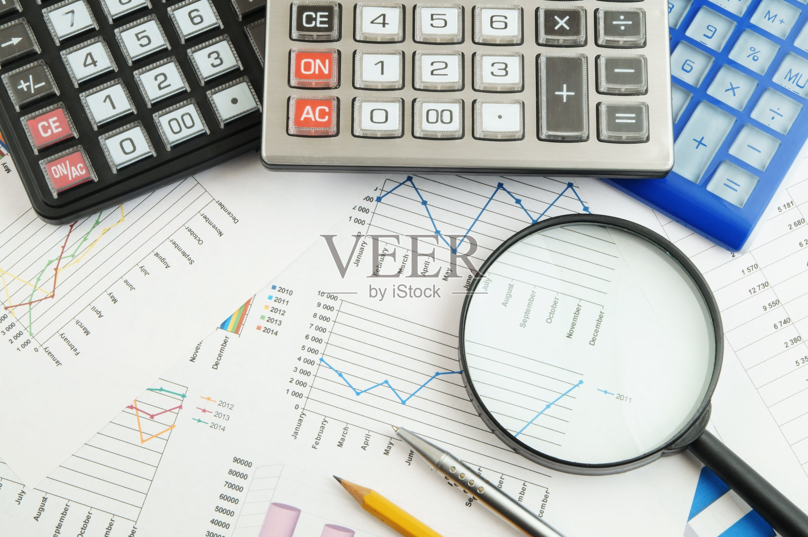 计算器，放大镜，钢笔和铅笔用于财务图表照片摄影图片