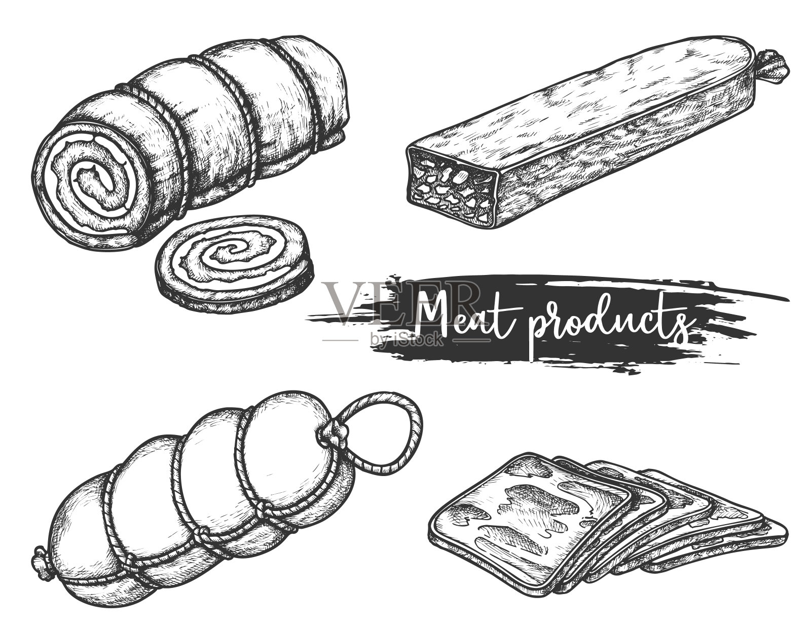 集肉制品在复古素描风格插画图片素材