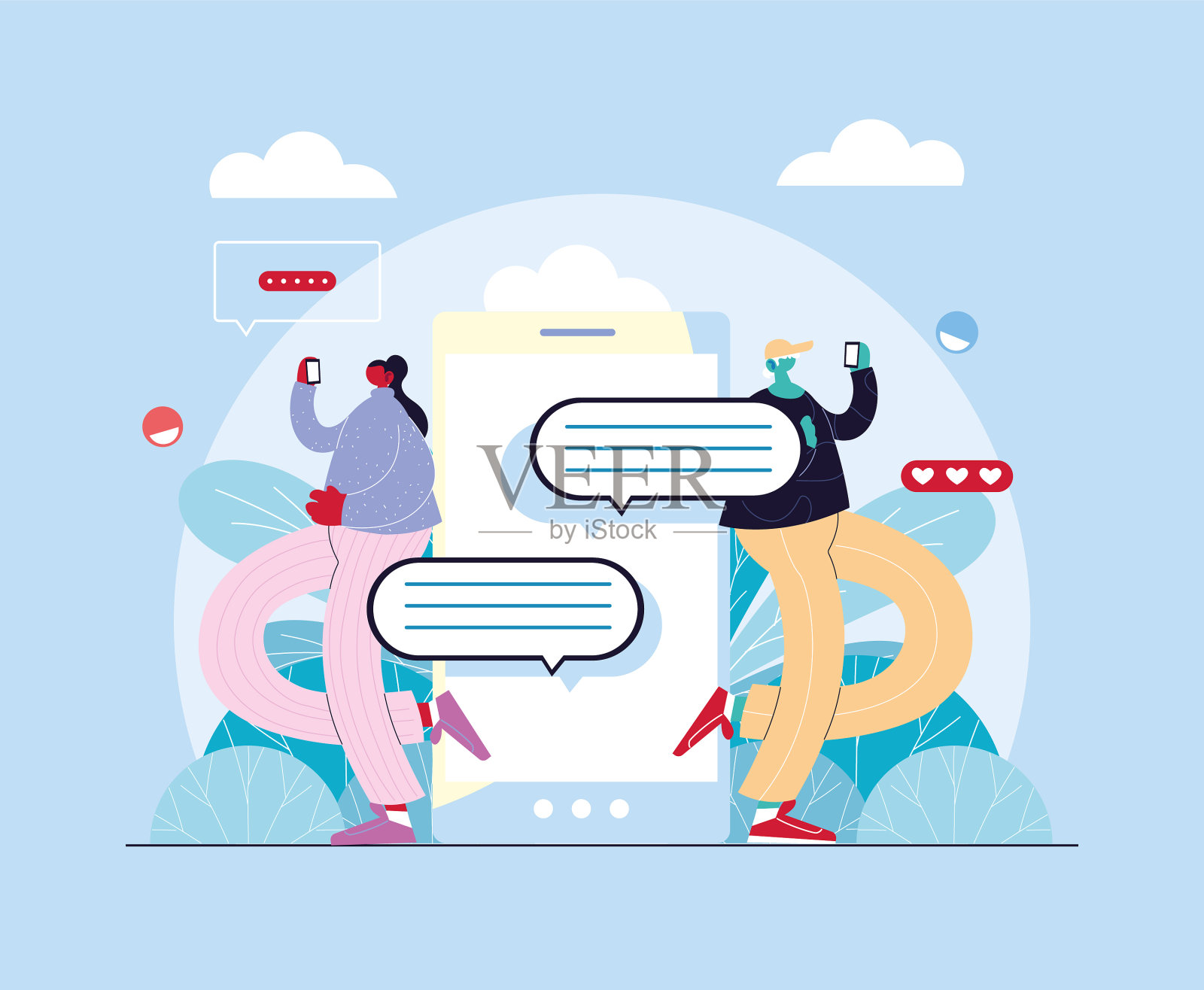 男人和女人用智能手机聊天插画图片素材