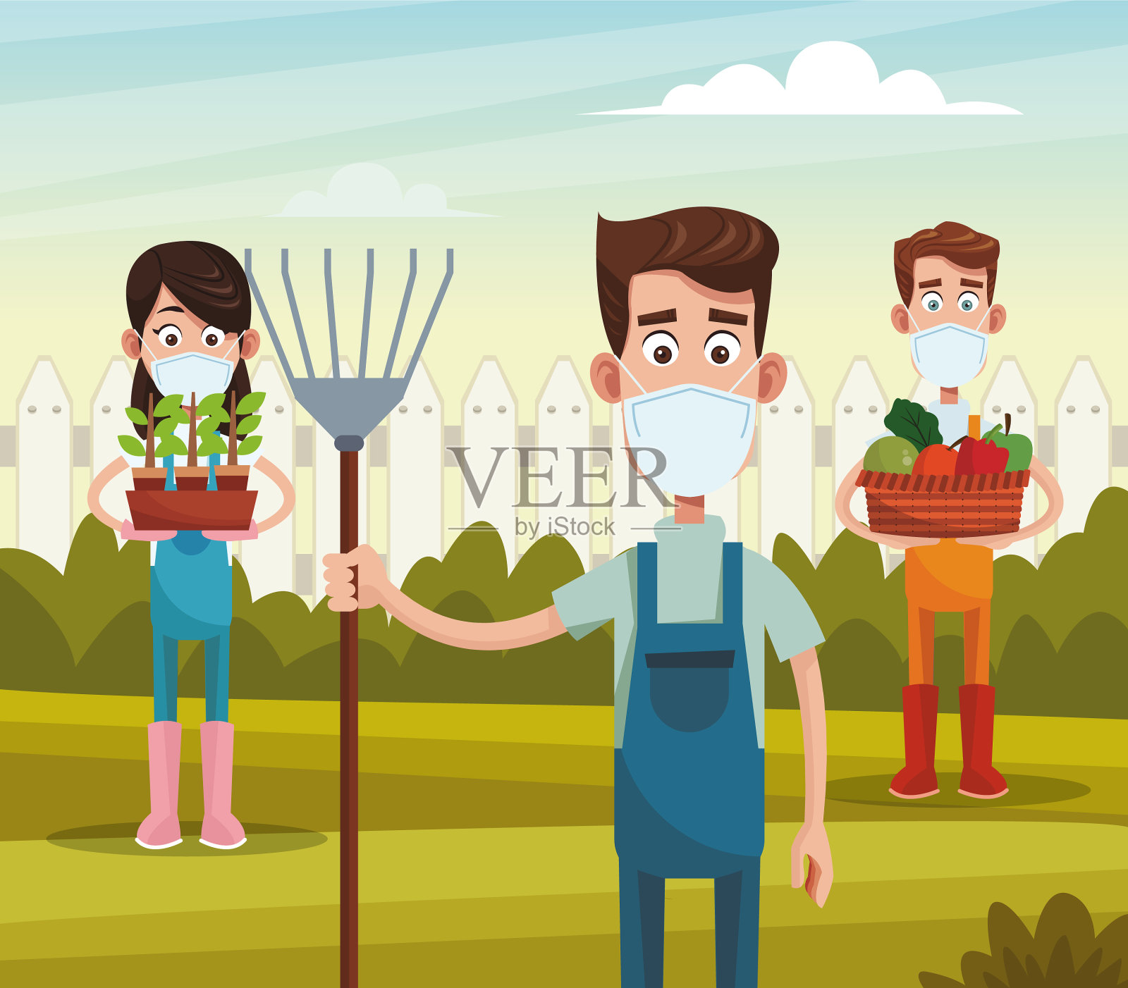 农民戴着医用口罩的场景插画图片素材