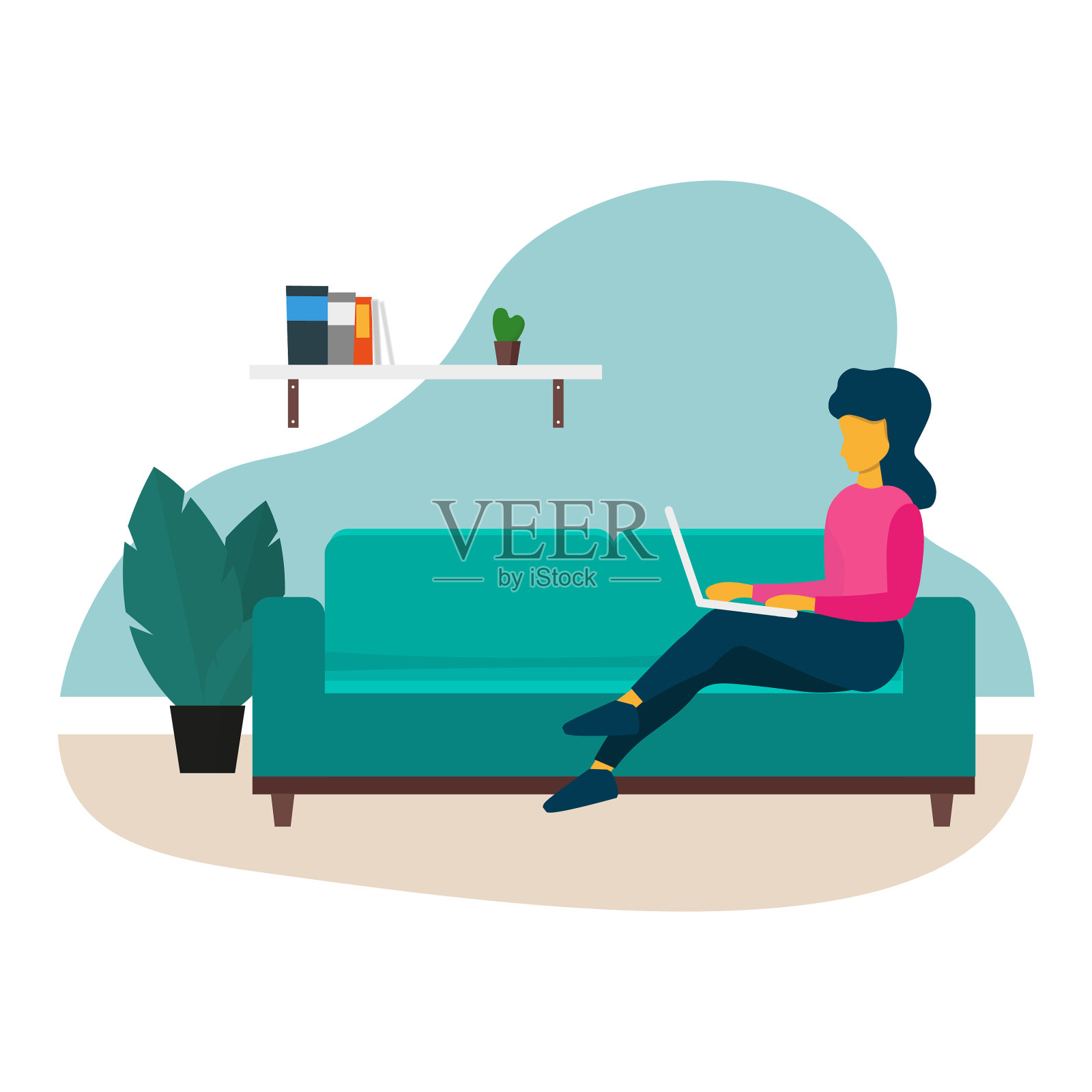 自由职业或学习概念女性或女孩的工作插画图片素材