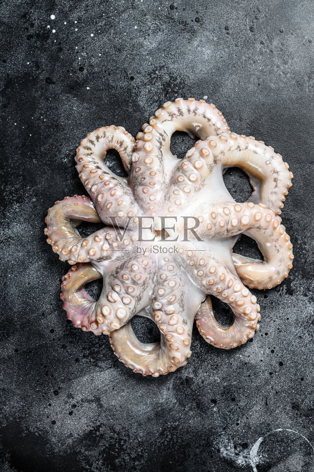 桌上有新鲜的生章鱼。黑色背景。俯视图照片摄影图片