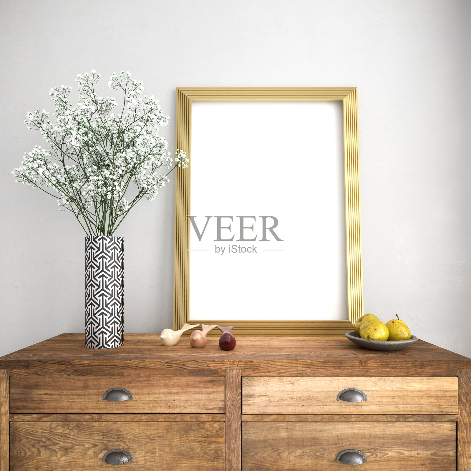 木制餐具柜上的空画框模型。鲜花，装饰木鸟和一个上面有梨子的盘子。三维渲染照片摄影图片