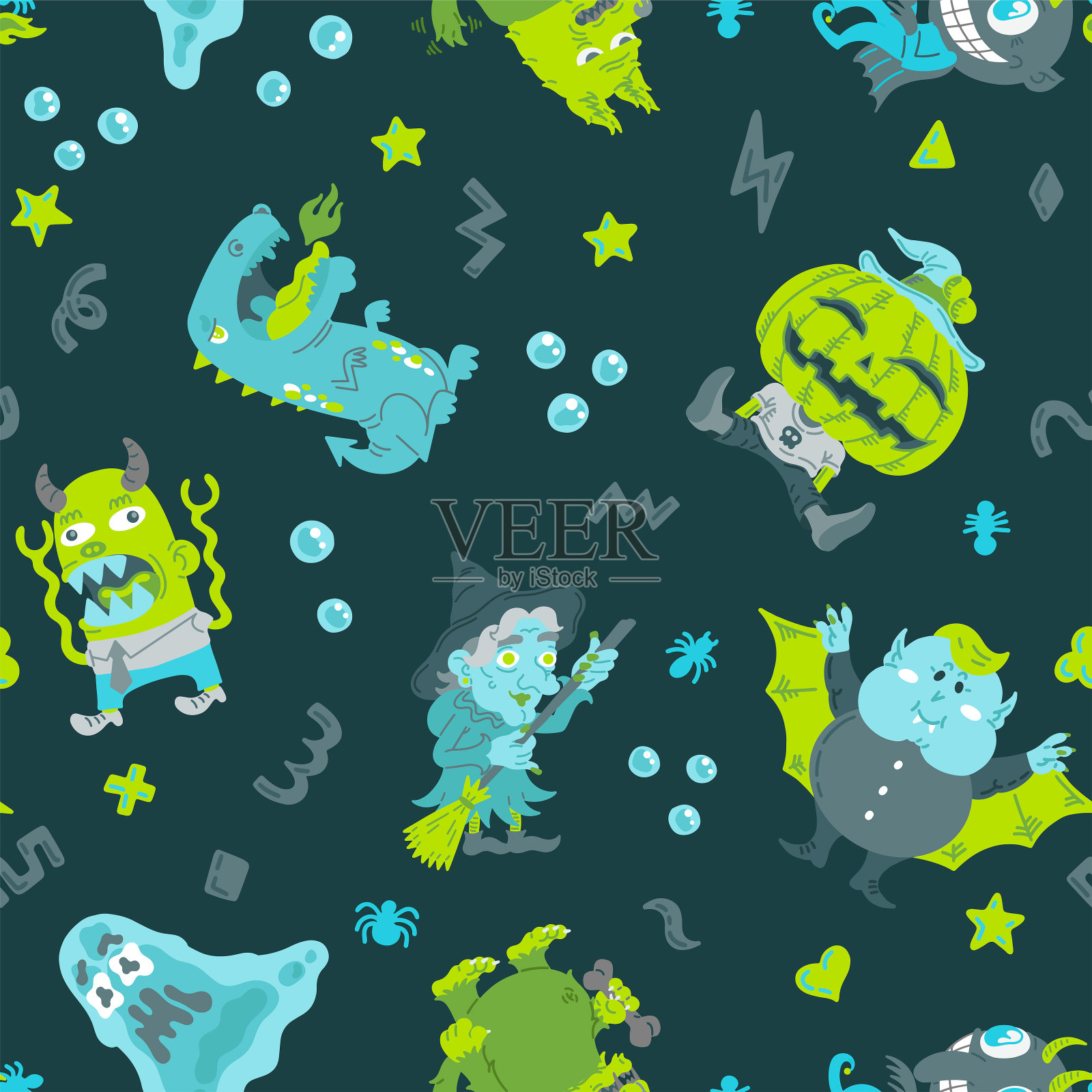 万圣节卡通人物无缝模式。手绘矢量插图南瓜杰克灯笼，女巫，龙，吸血鬼，野兽，粘液，魔鬼。背景，壁纸，织物，纸张插画图片素材