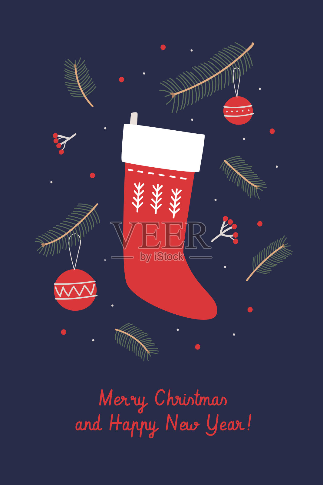 冷杉树枝，圣诞球和红袜子作为礼物。插画图片素材