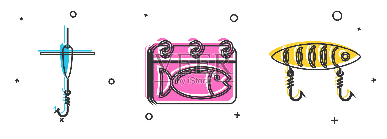 设置钓鱼钩和浮动，日历与鱼和钓鱼诱饵图标。向量插画图片素材