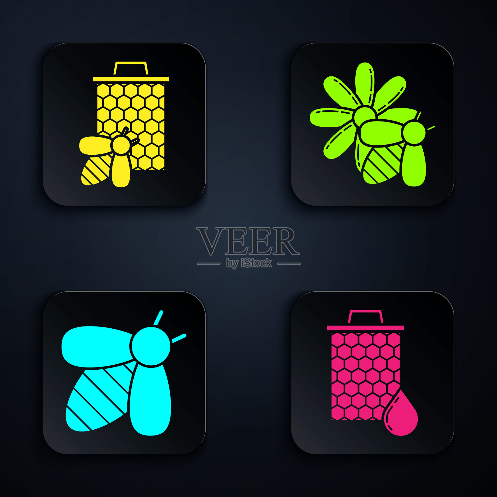 设置蜂巢，蜜蜂和蜂巢，蜜蜂和蜜蜂和花。黑色方形按钮。向量图标素材