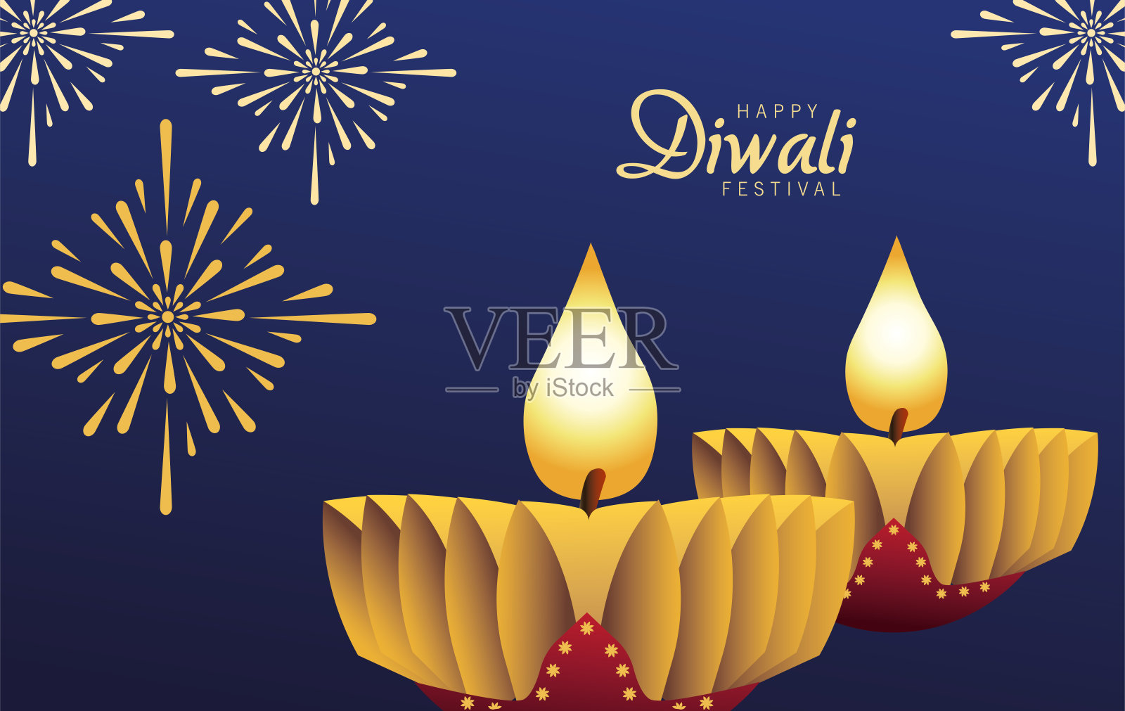 用两根蜡烛、木头和烟花庆祝排灯节快乐设计模板素材