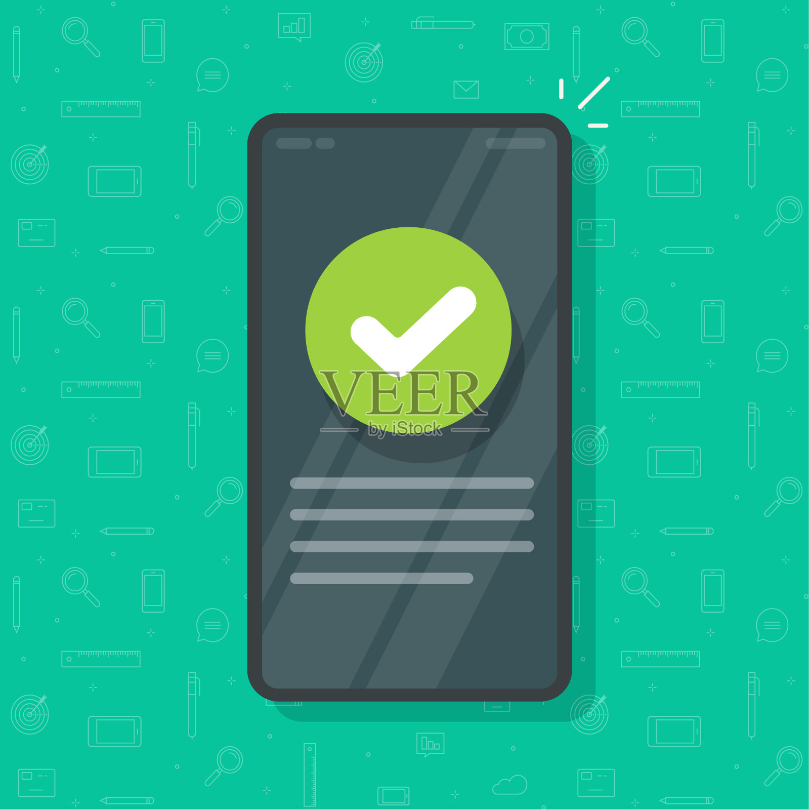 手机用勾号勾号作为更新信息的信息矢量，手机智能手机验证确认图标，正确选择投票和批准的勾号概念，完成完成任务的想法插画图片素材