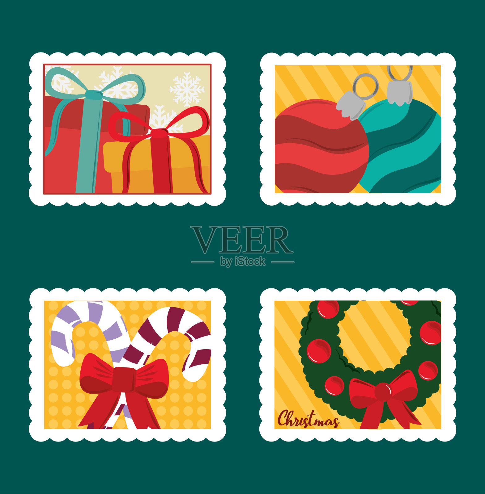 圣诞节邮票套装、礼品盒、彩球、拐杖糖和花环设计模板素材