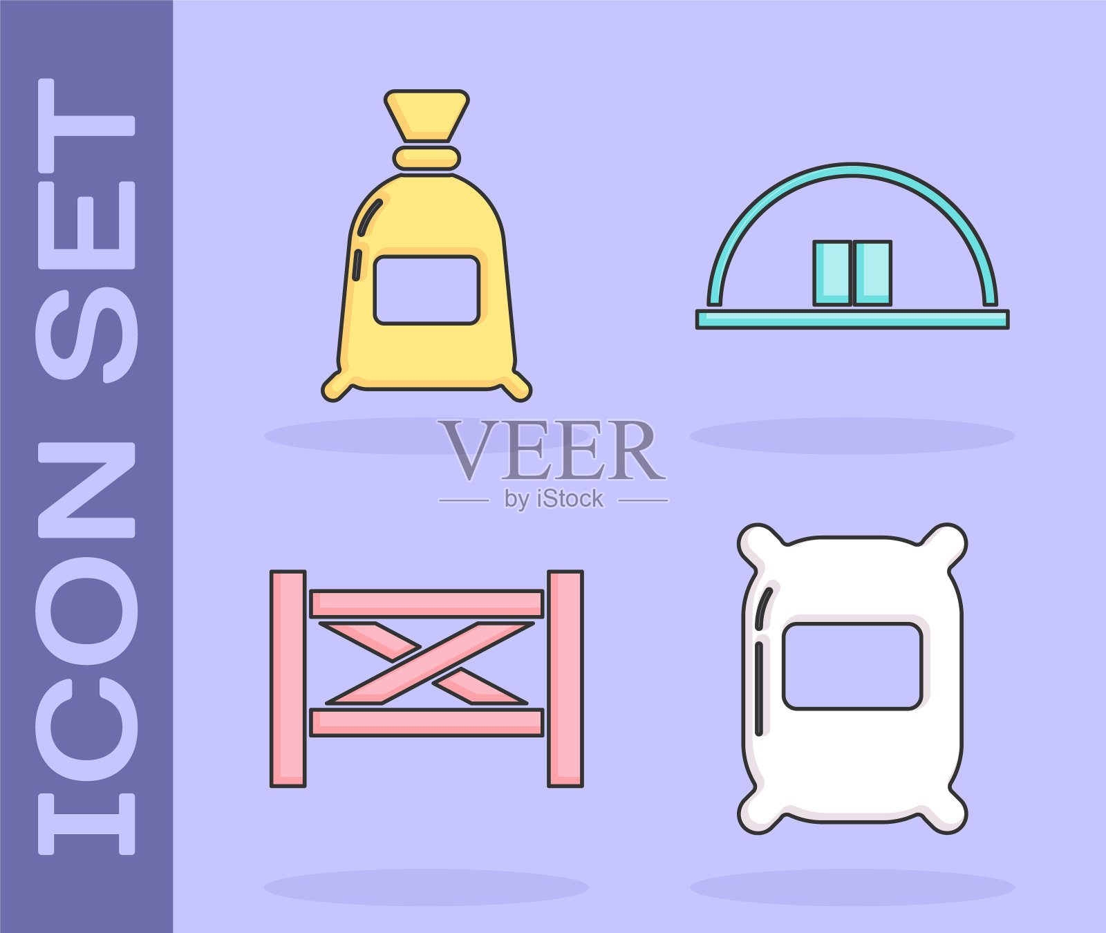 集袋面粉，袋面粉，花园栅栏木制和机库图标。向量图标素材