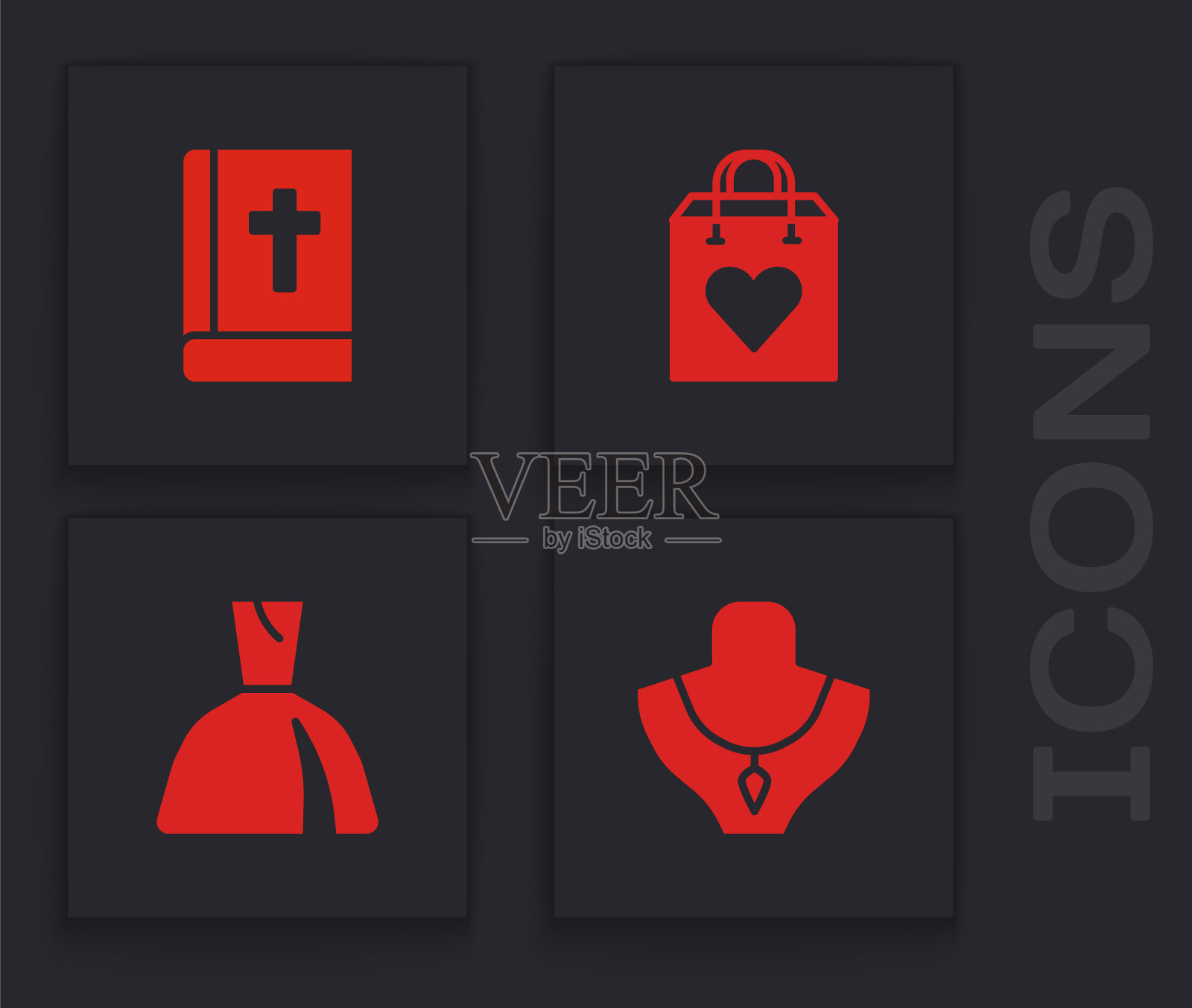 在人体模型上设置项链，圣经，心形购物袋和女性服装图标。向量图标素材