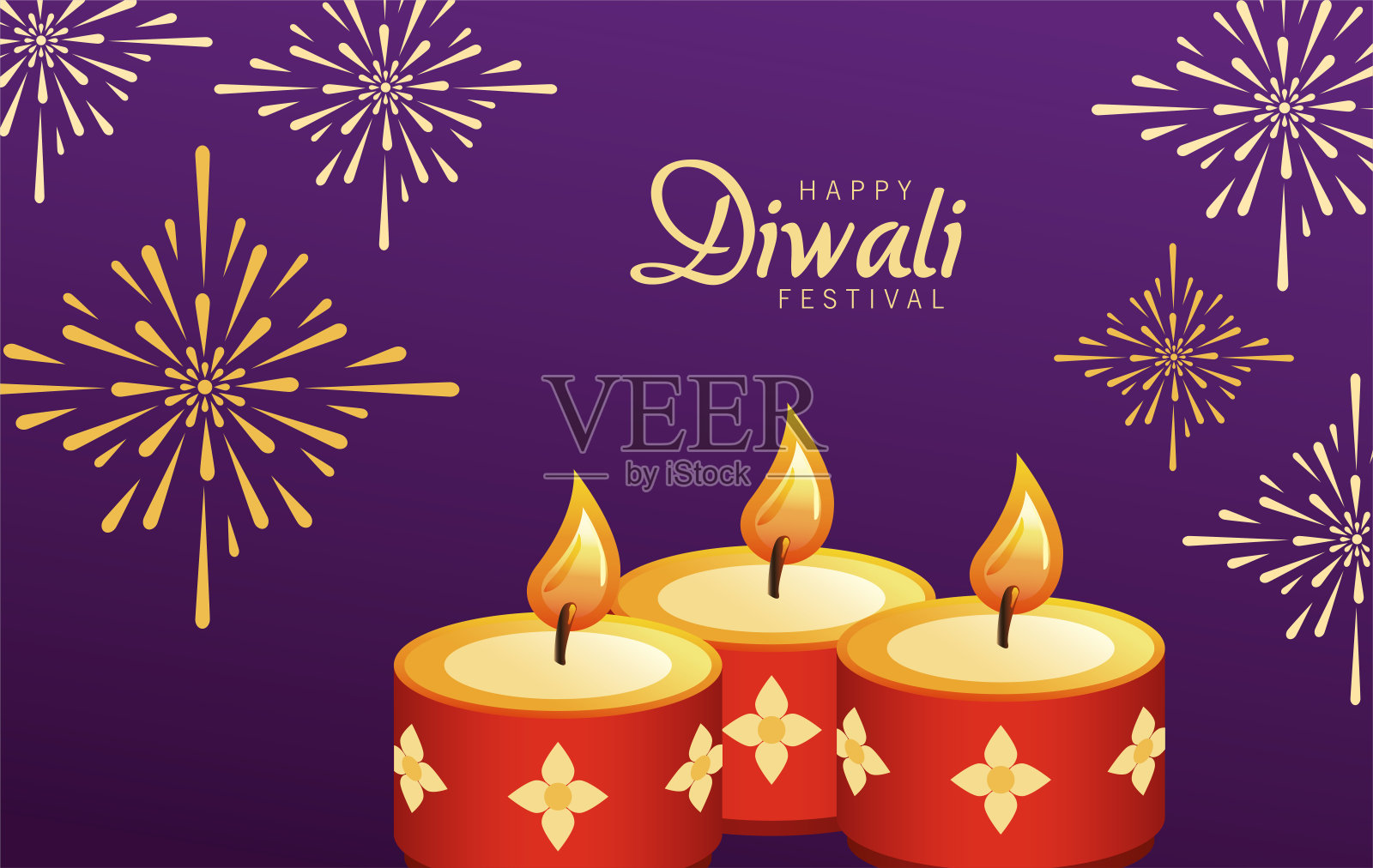 用三支红蜡烛和烟花庆祝排灯节快乐设计模板素材