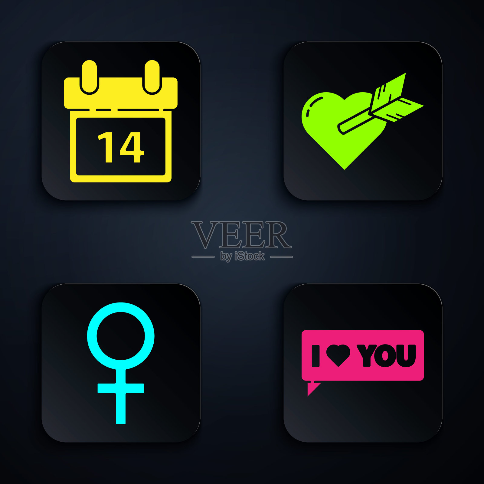 用“我爱你”设置语音泡泡，用“二月十四日”设置日历，用“女性性别符号”设置爱情，用“心和箭”设置爱情。黑色方形按钮。向量图标素材