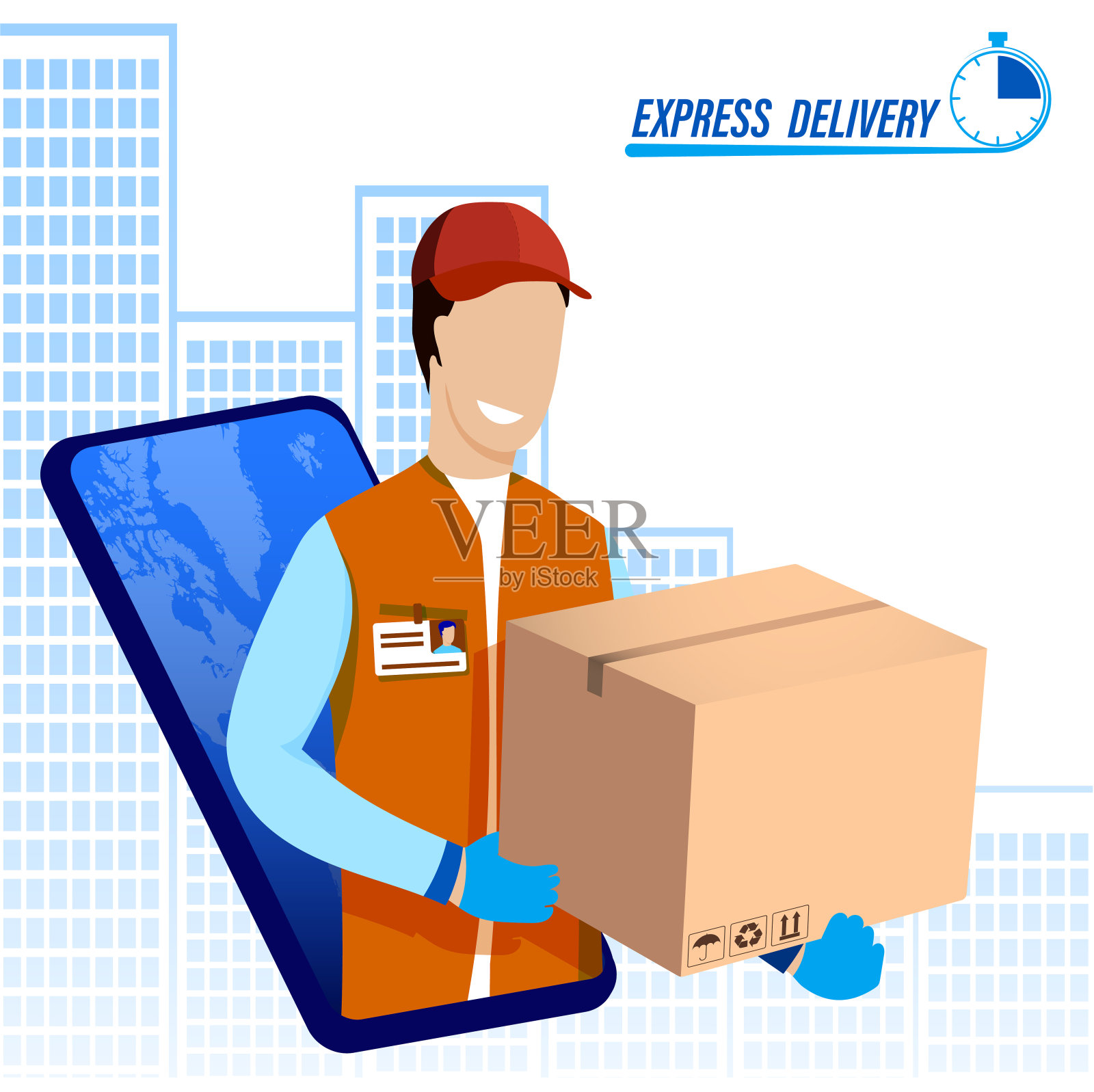 快速的货物配送到世界各地。快递员手里拿着一个纸箱，背景是大城市。包裹和邮件的概念交付。向量插画图片素材