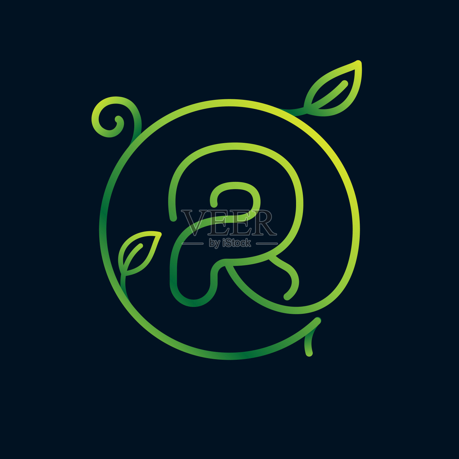 R字母叶标志在一个圆圈里。不可能是一行风格。插画图片素材